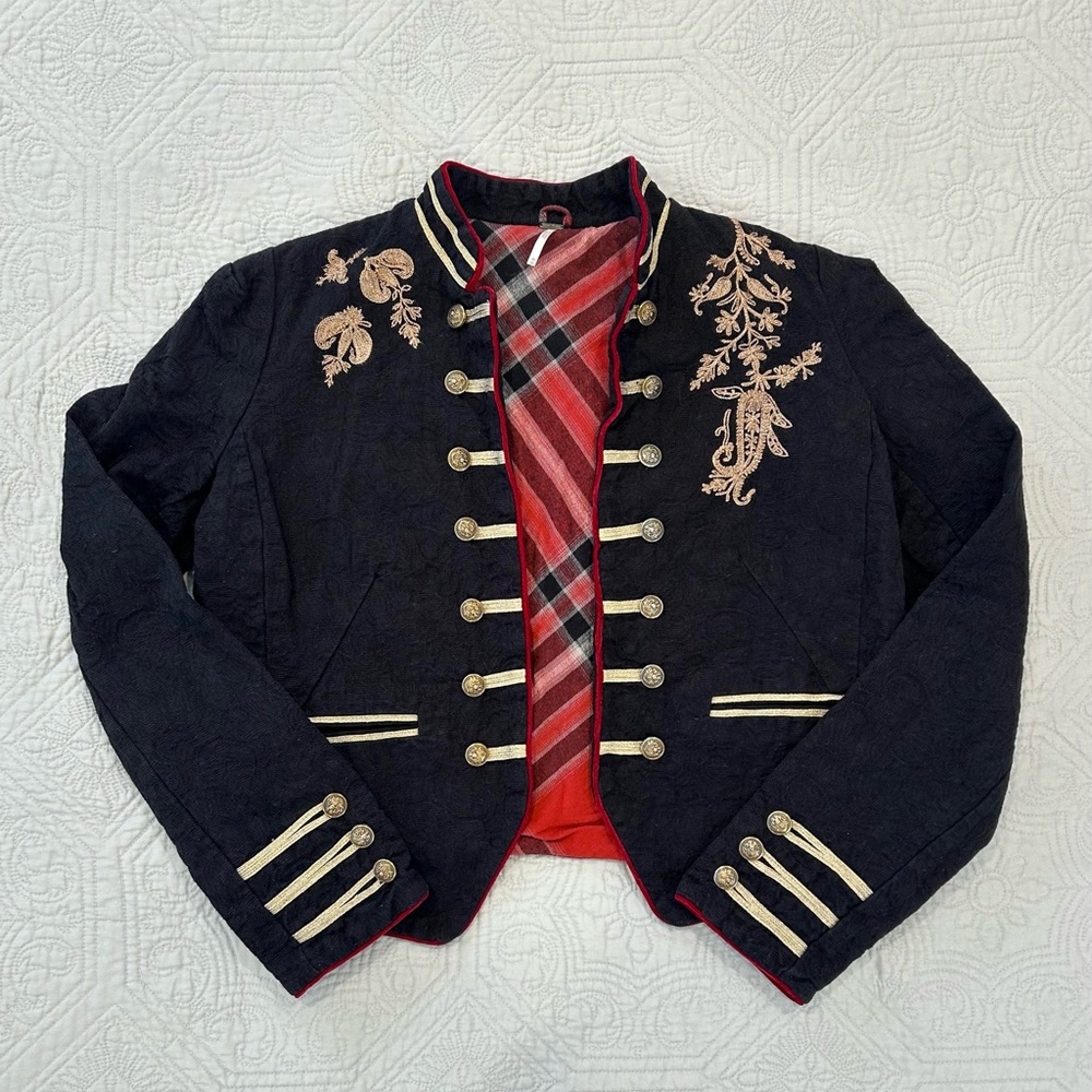 Free People Lauren Embroidered Cotton Band Jacket Women’s Size Medium Black